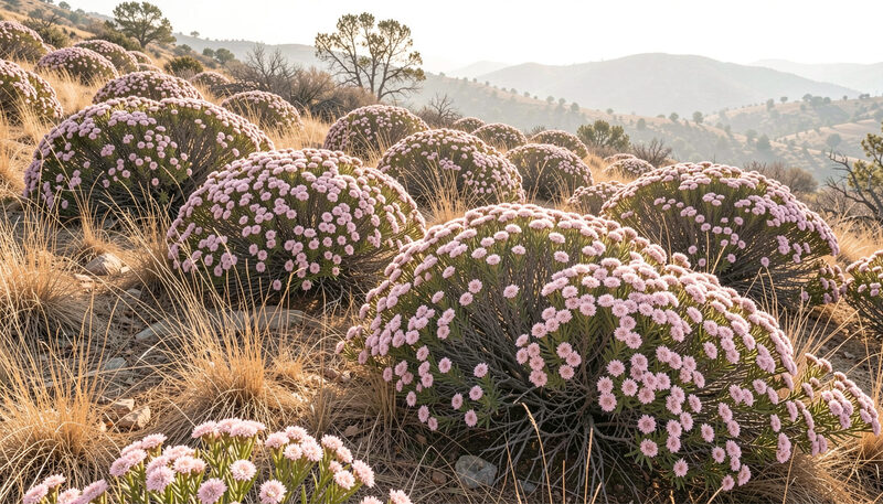 A chaparral slope in southern California covered with rounded pale pink flowered shrubs among dry tan grass in hazy afternoon light