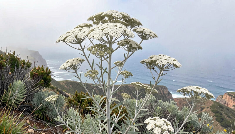 A tall pale grey shrub with very large flat heads of minute white flowers standing over coastal bluffs with ocean fog in the distance