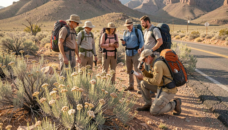 A group of botanists with day packs examining plants along a desert roadside while one kneels with a hand lens