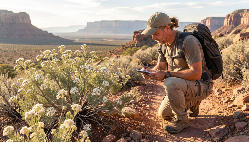 A hiker crouched on a rocky trail examining a small white flowered shrub with a notebook in hand in morning light across a desert valley