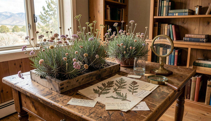 An old herbarium press and pressed plant specimens with handwritten labels on a wooden library table beside a magnifier