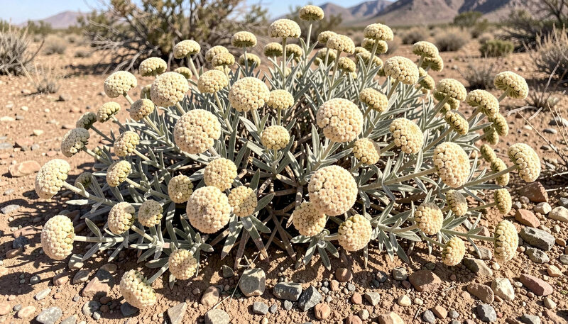 A low spreading desert shrub covered in round clusters of tiny cream flowers above grey felted leaves on dry gravelly ground